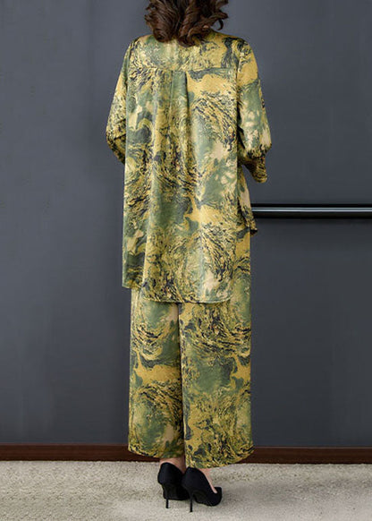 Green Print Pockets Silk Sets 2 Pieces Tops and Pants V Neck Summer