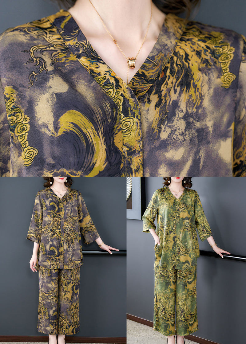 Green Print Pockets Silk Sets 2 Pieces Tops and Pants V Neck Summer