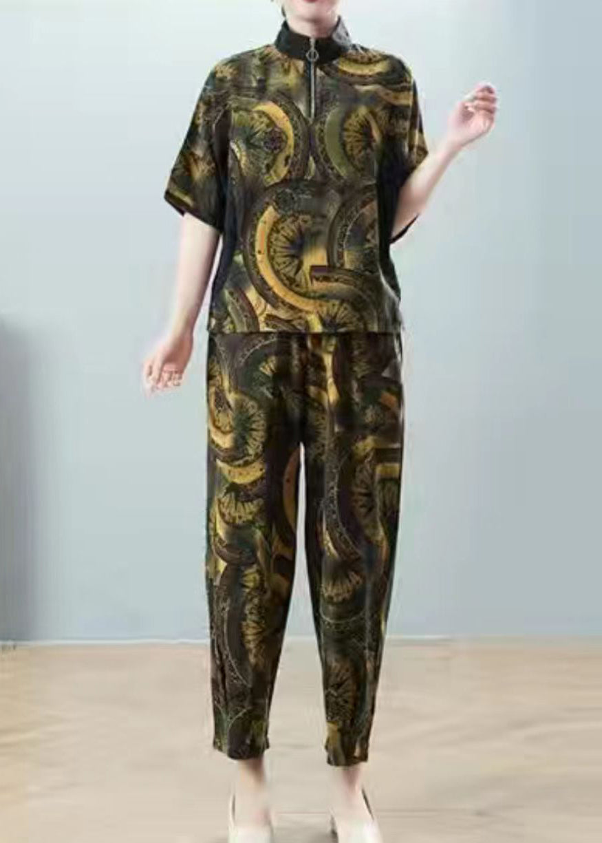 Green Print Shirt and Harem Pants Two Pieces Set Half Sleeve