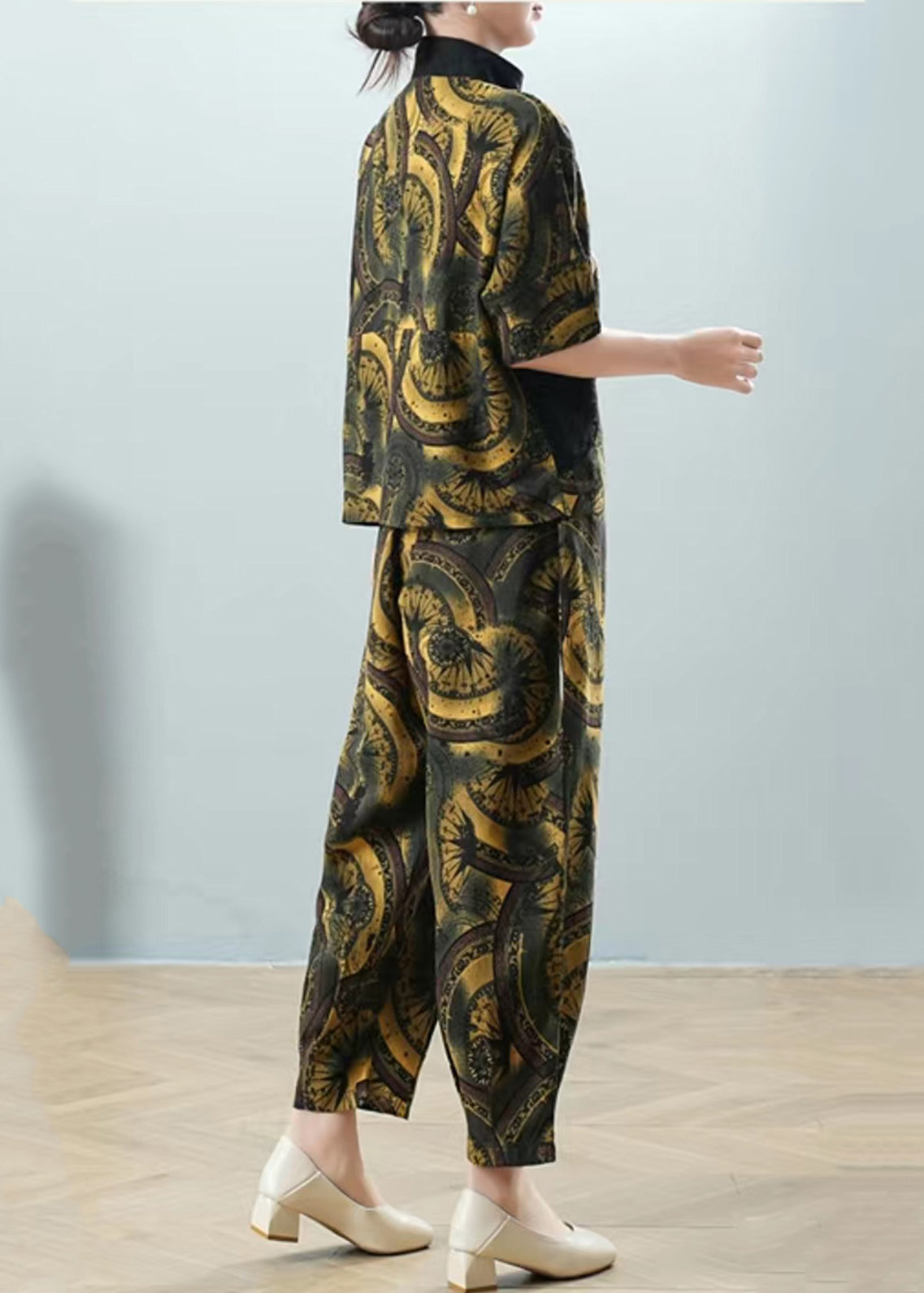Green Print Shirt and Harem Pants Two Pieces Set Half Sleeve