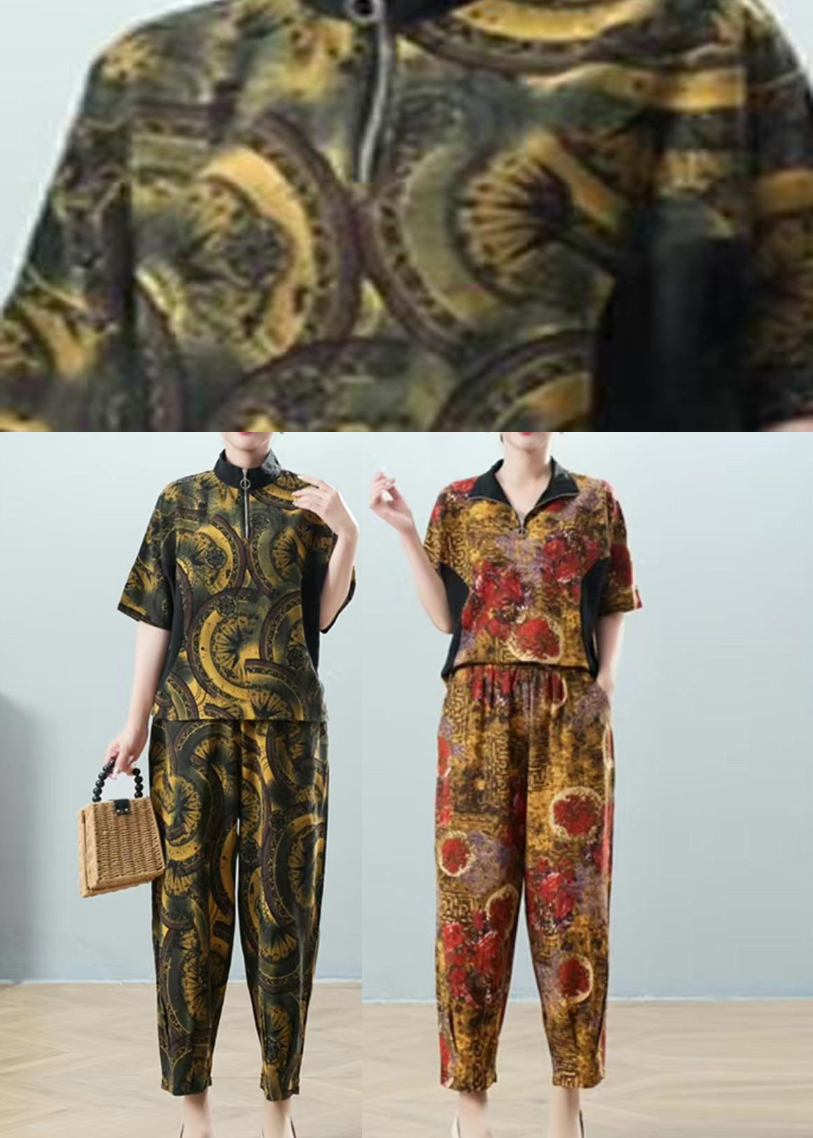 Green Print Shirt and Harem Pants Two Pieces Set Half Sleeve