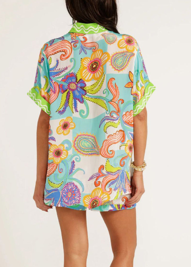 Green Print Shirts and Shorts Two Pieces Set Short Sleeve