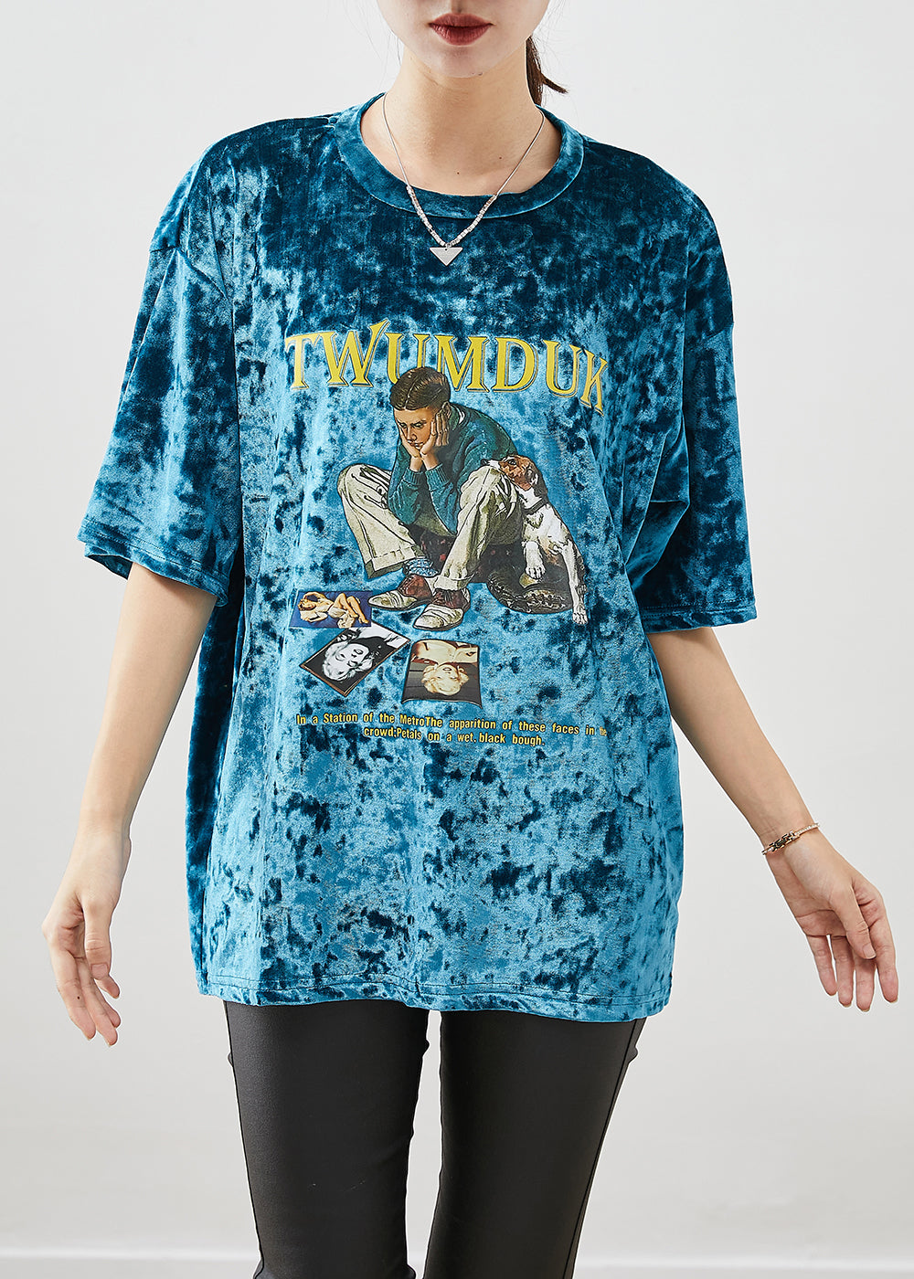 Green Print Silk Velour Pullover Oversized Short Sleeve