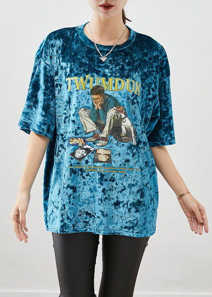Green Print Silk Velour Pullover Oversized Short Sleeve