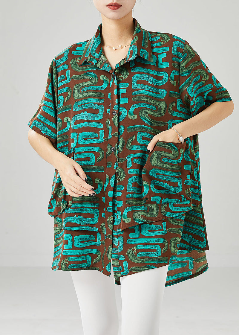 Green Print Spandex Blouses Oversized Summer