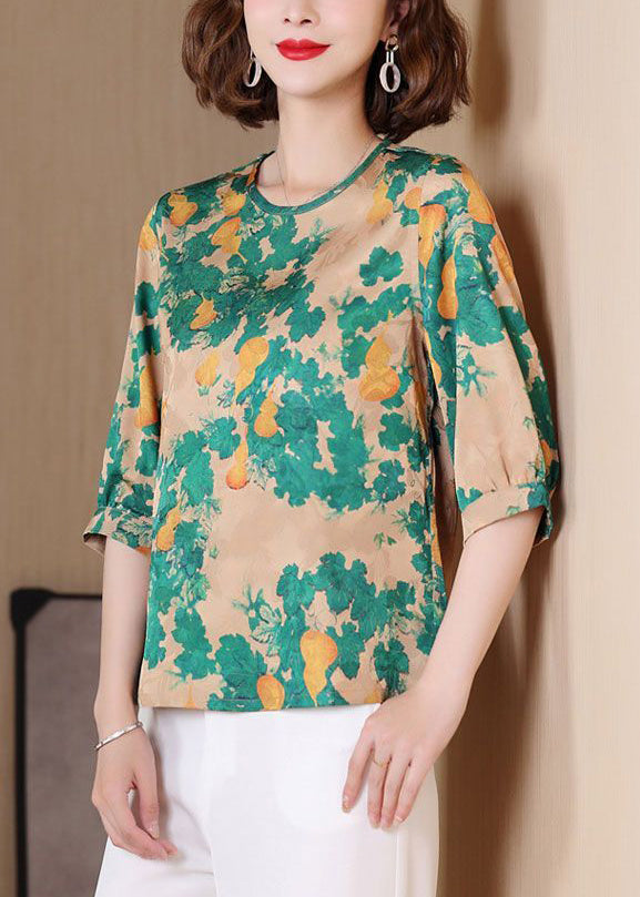 Green Print Wear on Both Sides Blouse Tops O Neck Half Sleeve