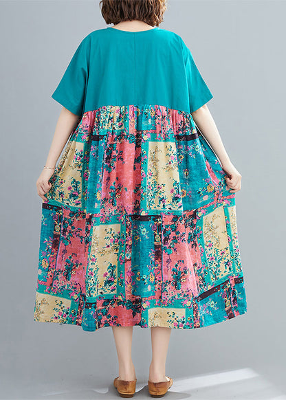 Green Print Extra Large Hem Dresses Wrinkled Short Sleeve