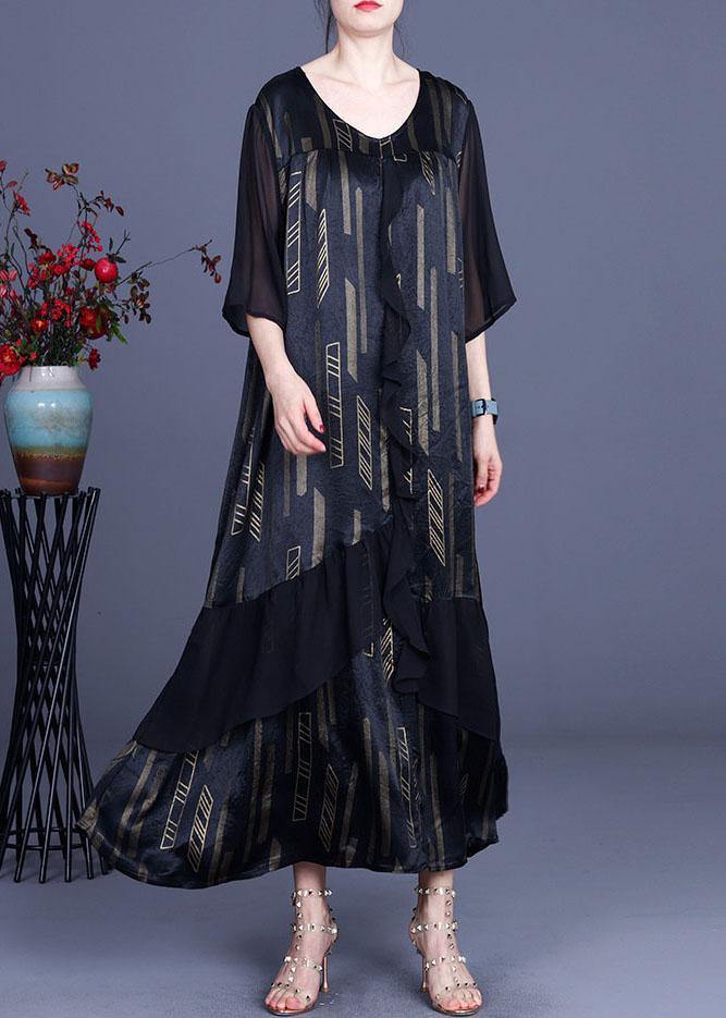 Green Print Retro Ruffles Summer Silk Holiday Dress