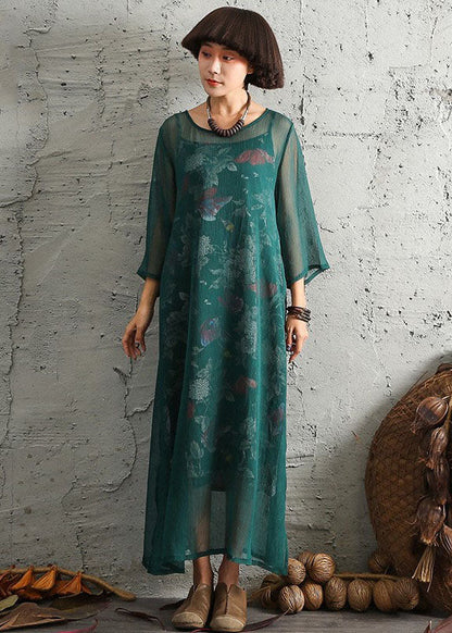 Green Print Side Open Cotton Two Pieces Set Spring
