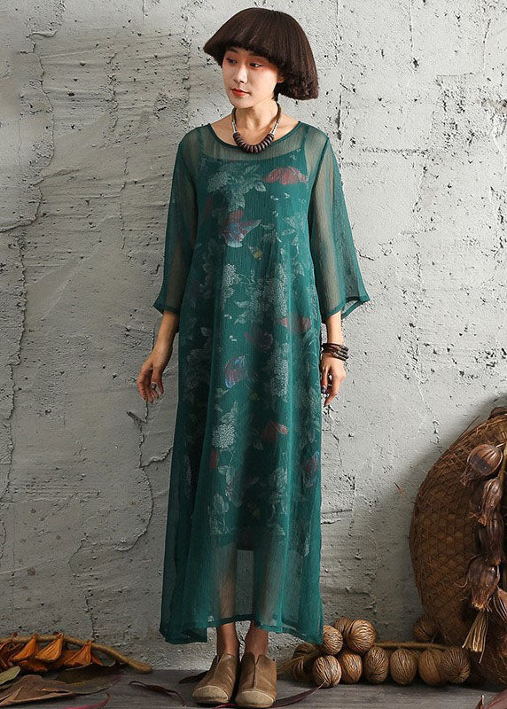Green Print Side Open Cotton Two Pieces Set Spring