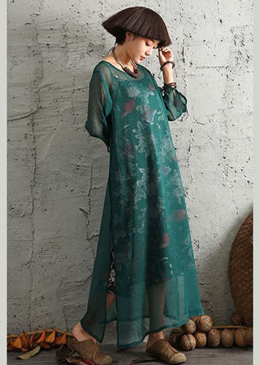 Green Print Side Open Cotton Two Pieces Set Spring