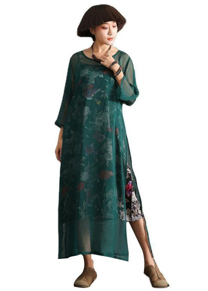 Green Print Side Open Cotton Two Pieces Set Spring