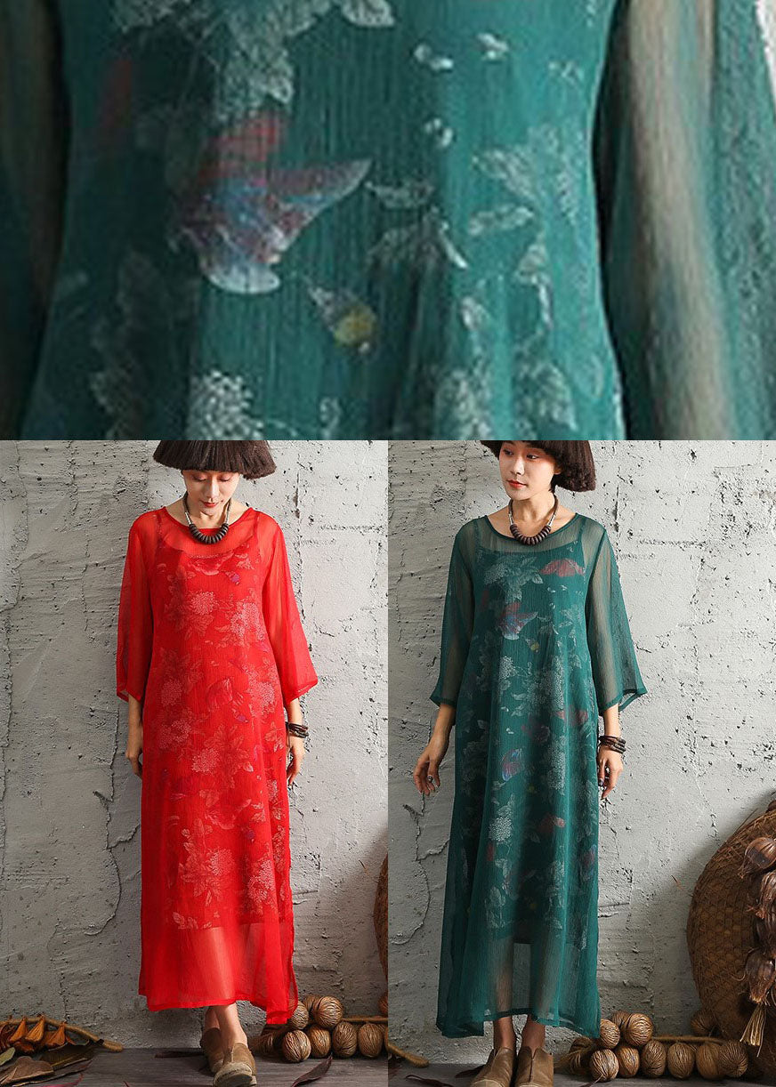 Green Print Side Open Cotton Two Pieces Set Spring