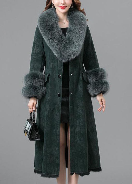 Green Rabbit Hair Collar Leather and Fur Parkas Lengthen Button Winter