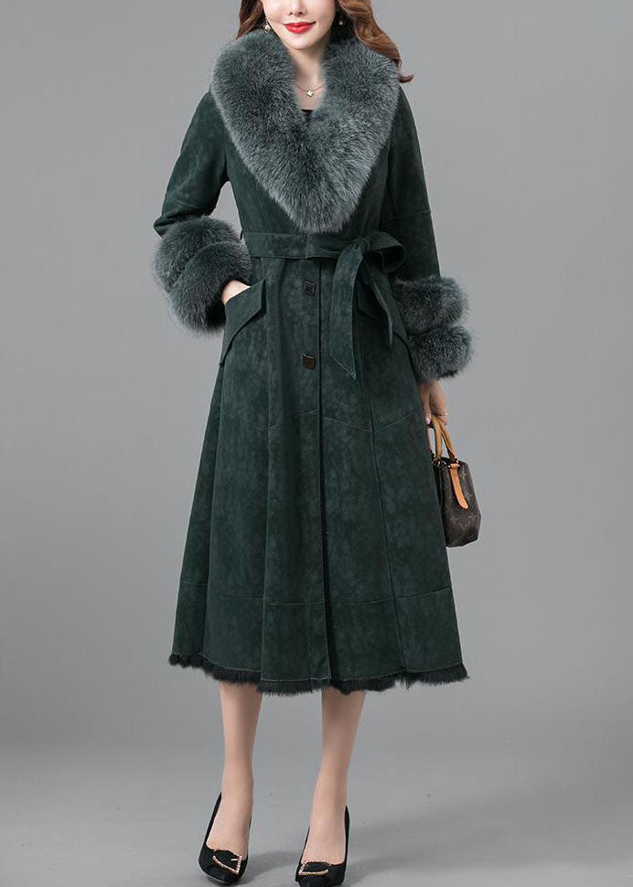 Green Rabbit Hair Collar Leather and Fur Parkas Lengthen Button Winter