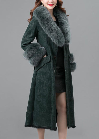 Green Rabbit Hair Collar Leather and Fur Parkas Lengthen Button Winter