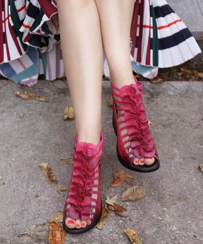 Green Sandals Boots Hollow Out Splicing Chunky Peep Toe
