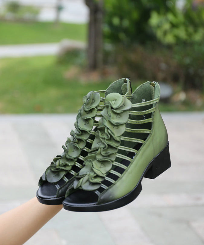 Green Sandals Boots Hollow Out Splicing Chunky Peep Toe