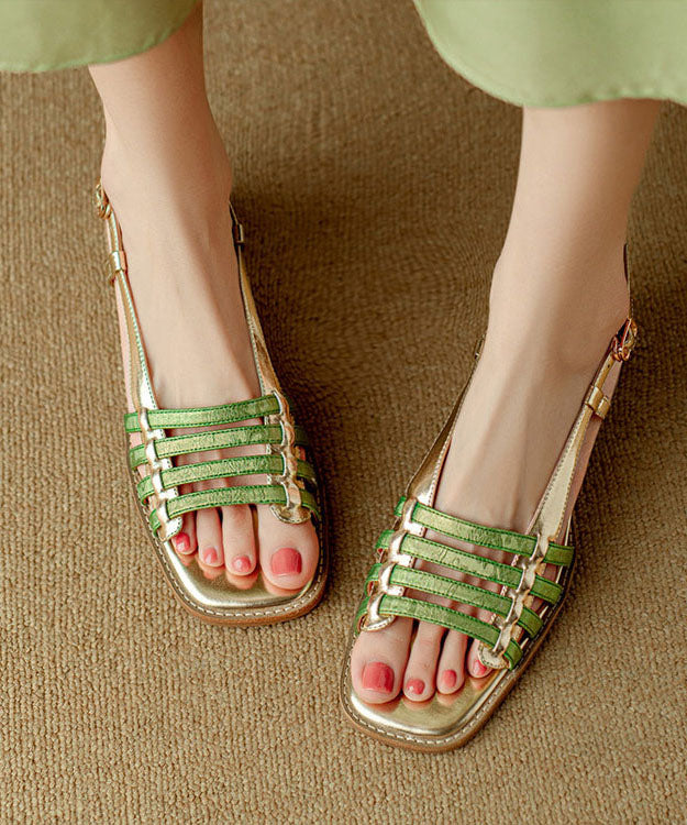 Green Sandals Chunky Cowhide Leather Splicing Peep Toe