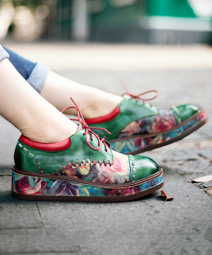 Green Sheepskin Lace Up Embossed Platform Shoes