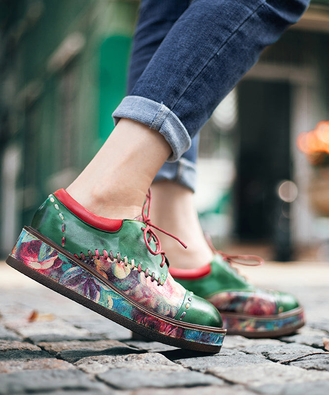 Green Sheepskin Lace Up Embossed Platform Shoes