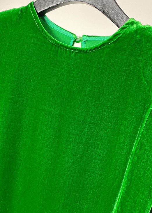 Green Silk Velour Tops Button O-neck Long Sleeve