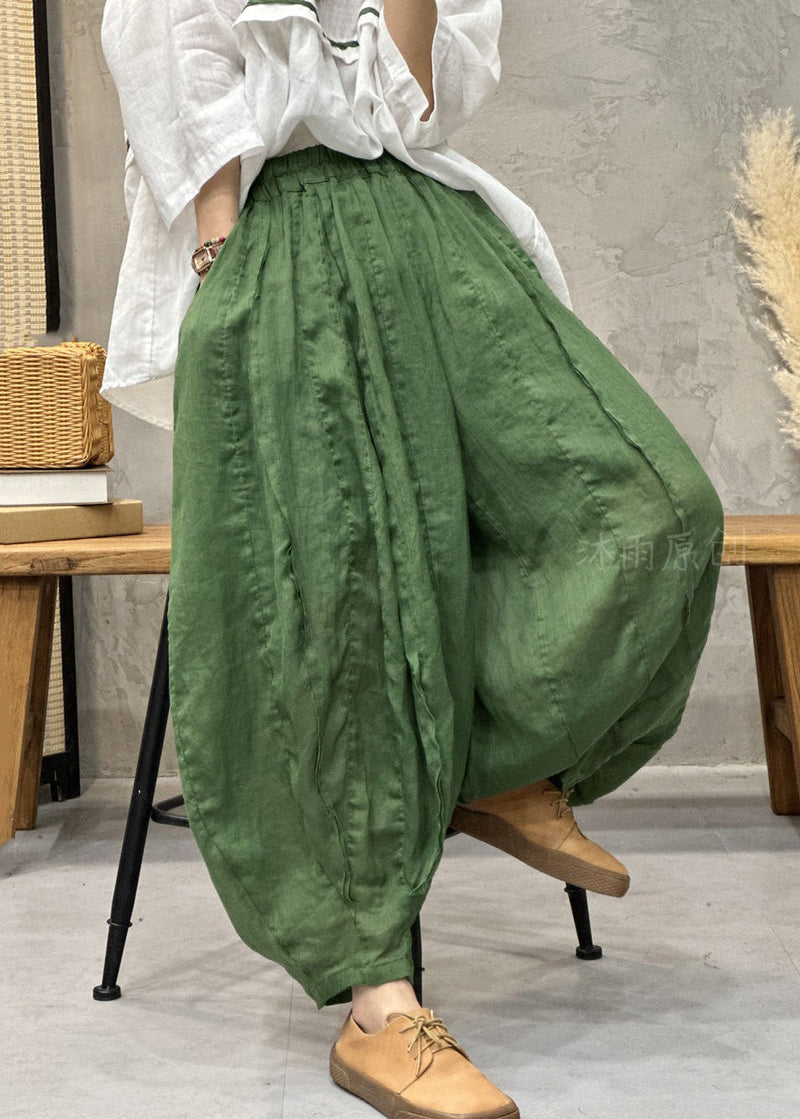 Green Elastic Waist Thin Linen Crop Pants Pockets