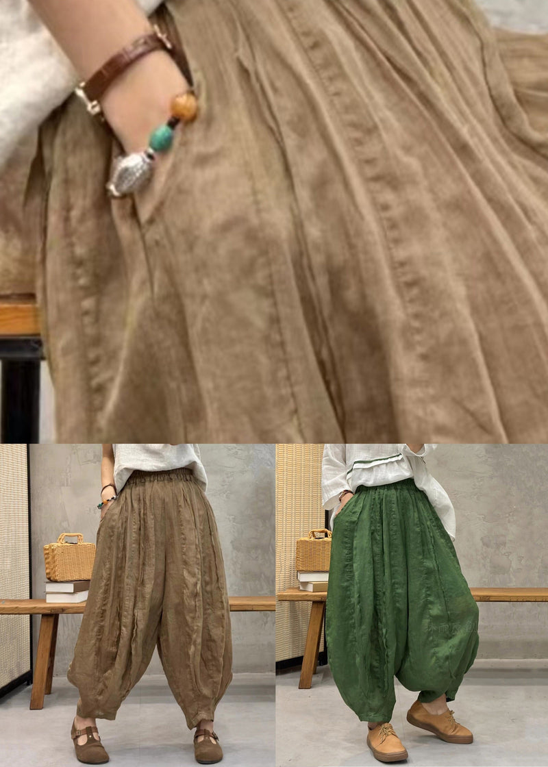 Green Elastic Waist Thin Linen Crop Pants Pockets