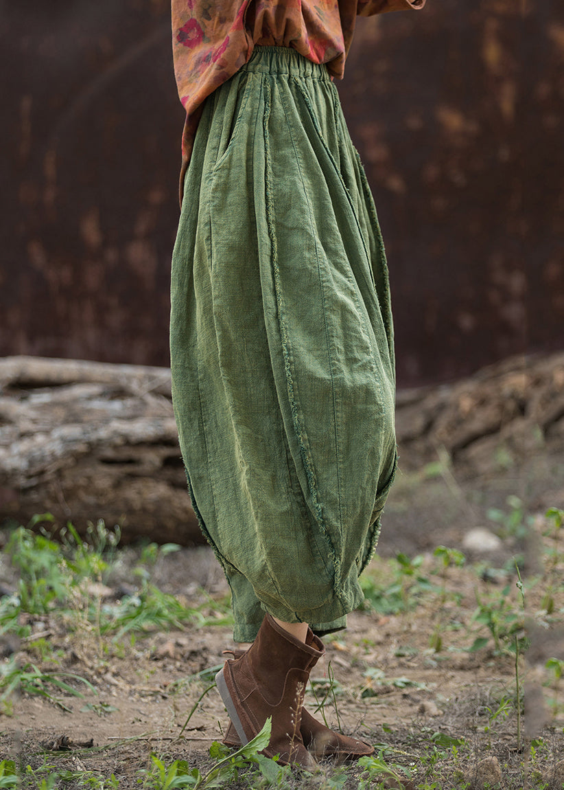Green Linen Wide Leg Pants Elastic Waist