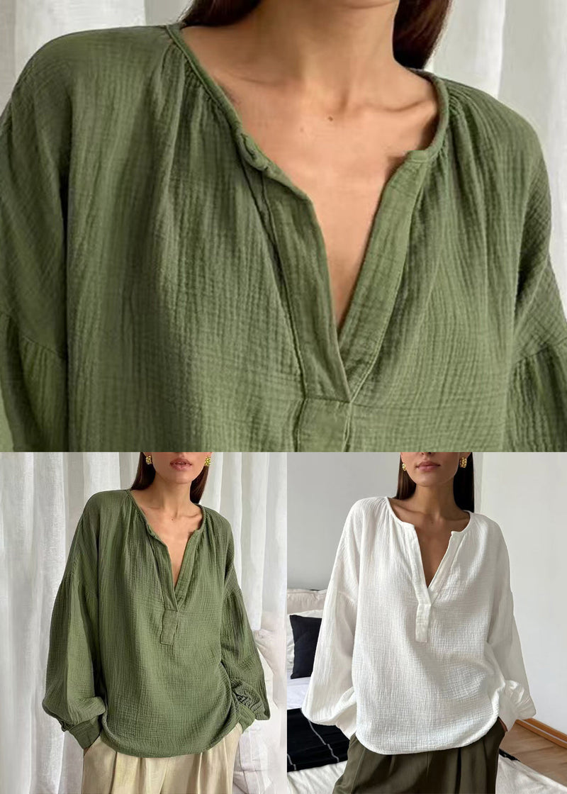 Green Oversized Cotton Fall Shirt V Neck