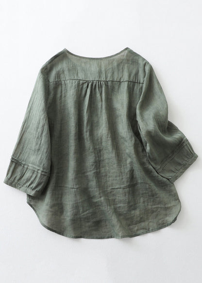 Green Patchwork Cotton Shirts O Neck Bracelet Sleeve