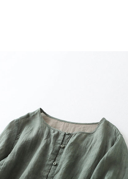 Green Patchwork Cotton Shirts O Neck Bracelet Sleeve