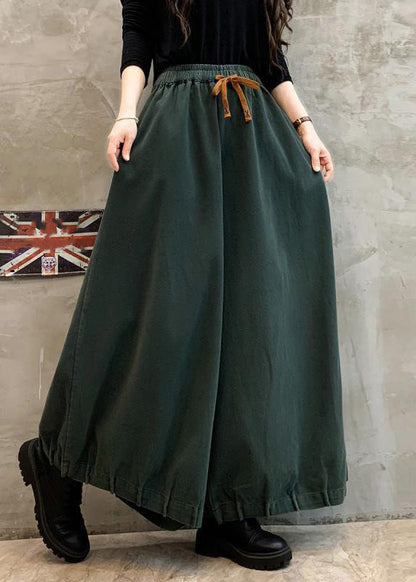 Green Pockets Cotton Wide Leg Pants High Waist