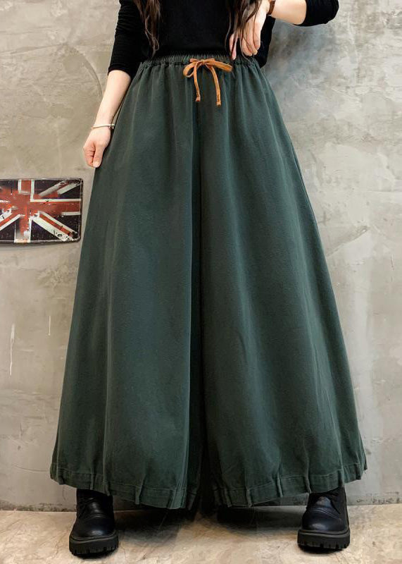 Green Pockets Cotton Wide Leg Pants High Waist