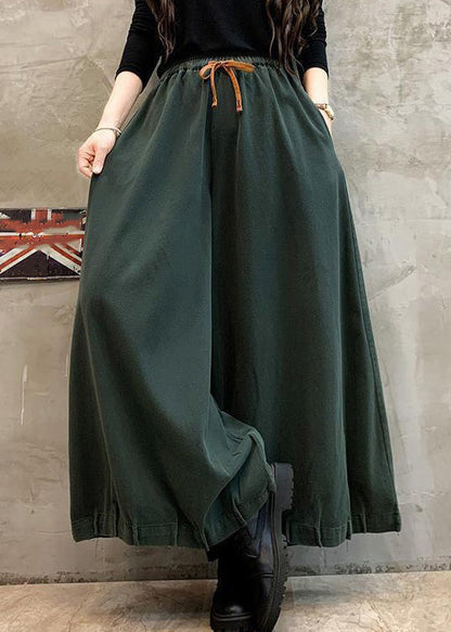 Green Pockets Cotton Wide Leg Pants High Waist