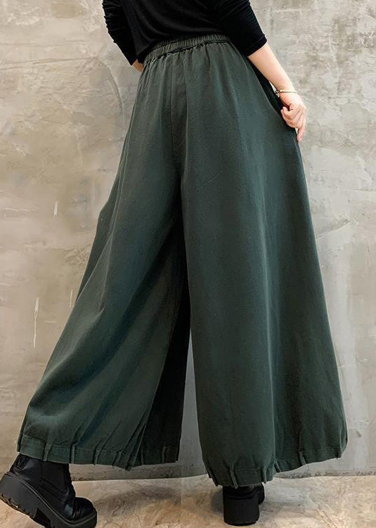 Green Pockets Cotton Wide Leg Pants High Waist