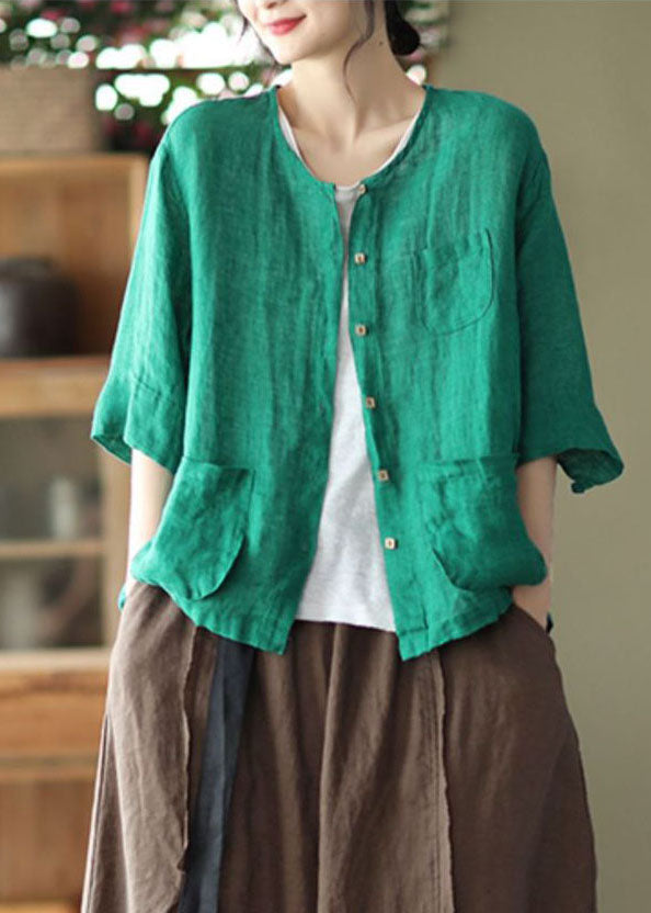 Green Pockets Linen Cardigan O-neck Button Half Sleeve