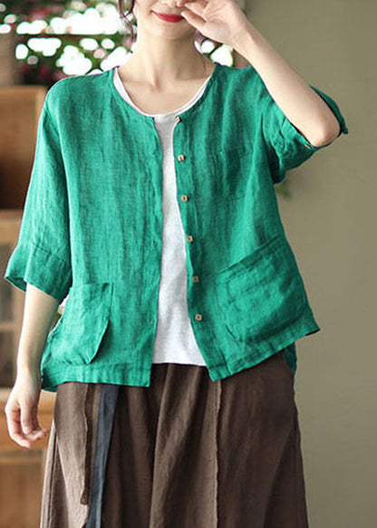 Green Pockets Linen Cardigan O-neck Button Half Sleeve