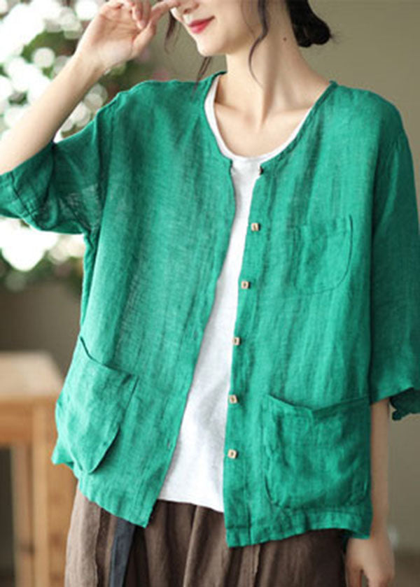Green Pockets Linen Cardigan O-neck Button Half Sleeve