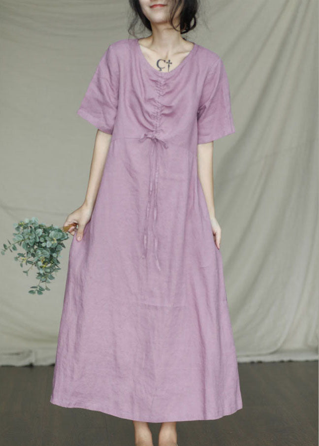 Green Pockets Linen Dress Short Sleeve