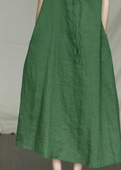 Green Pockets Linen Dress Short Sleeve