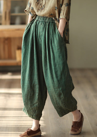 Green Pockets Loose Linen Harem Pants High Waist