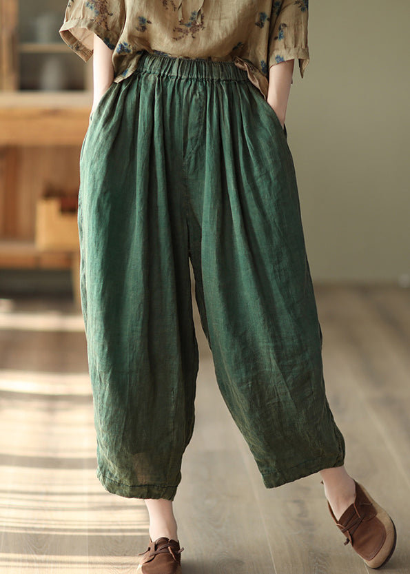 Green Pockets Loose Linen Harem Pants High Waist