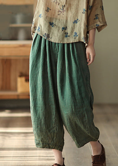 Green Pockets Loose Linen Harem Pants High Waist