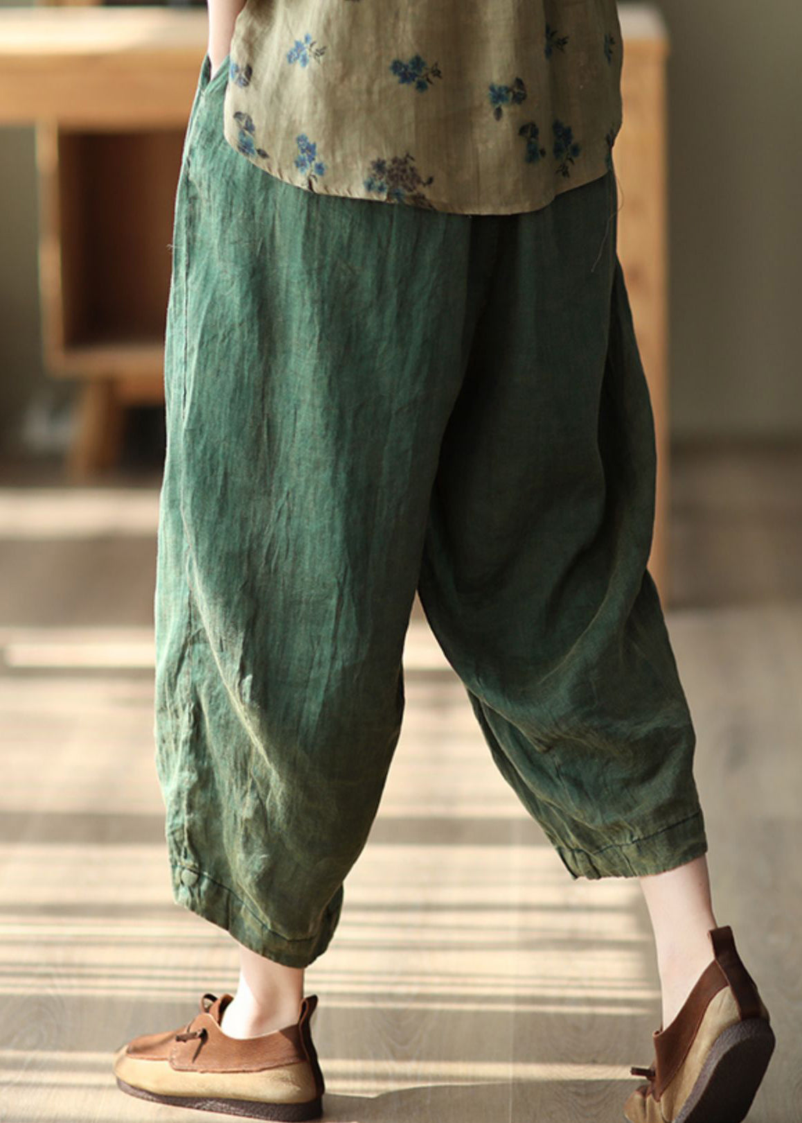 Green Pockets Loose Linen Harem Pants High Waist