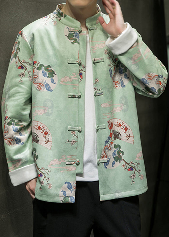 Green Stand Collar Button Coats Long Sleeve