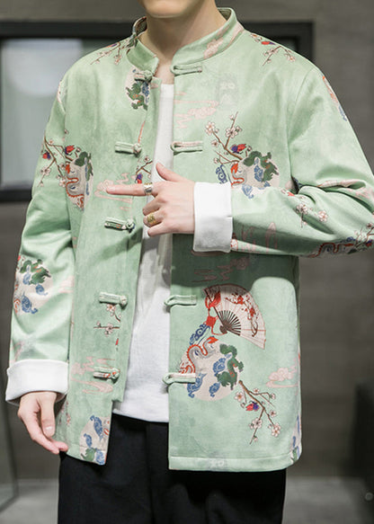 Green Stand Collar Button Coats Long Sleeve