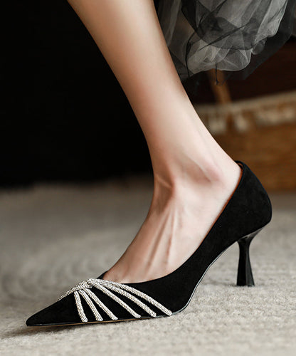Green Stiletto Suede Splicing Pointed Toe Zircon