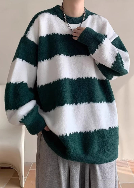 Green Striped Cozy Patchwork Knit Winter Sweaters O Neck