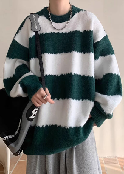 Green Striped Cozy Patchwork Knit Winter Sweaters O Neck